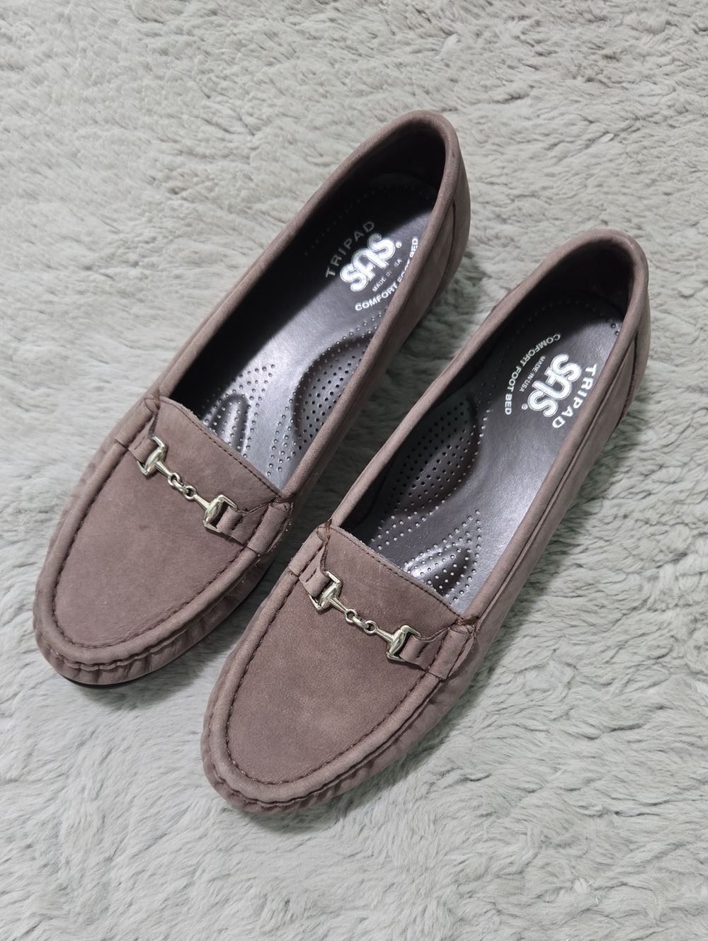 SAS Taupe Suede Loafers with Metal Bit Detail size 8.5N